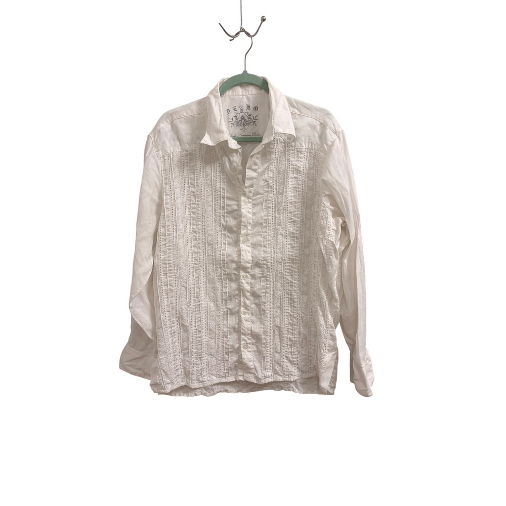 Button Down Shirt Pintuck Eyelet Boho Decko Women XL White Long Sleeve Blouse